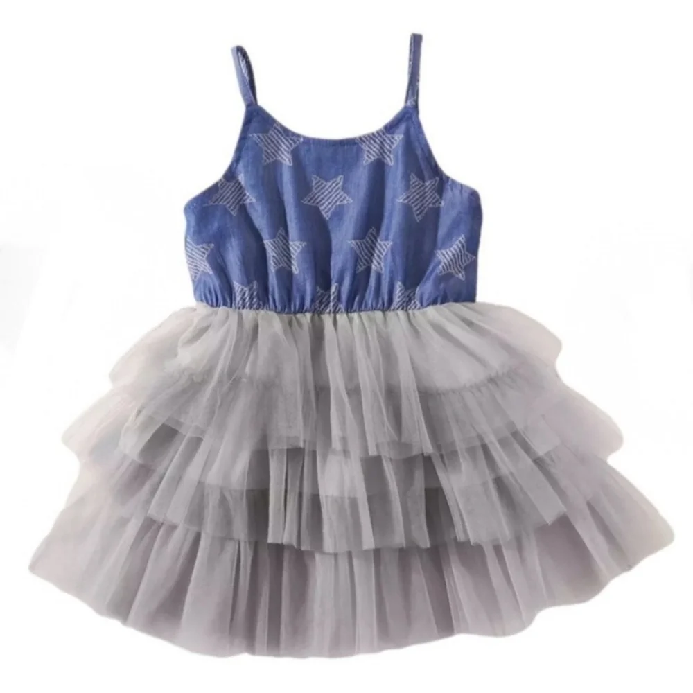 Girls Fourth of July Denim and Tulle Dress Patriotic Star Print Layered Tutu 4T